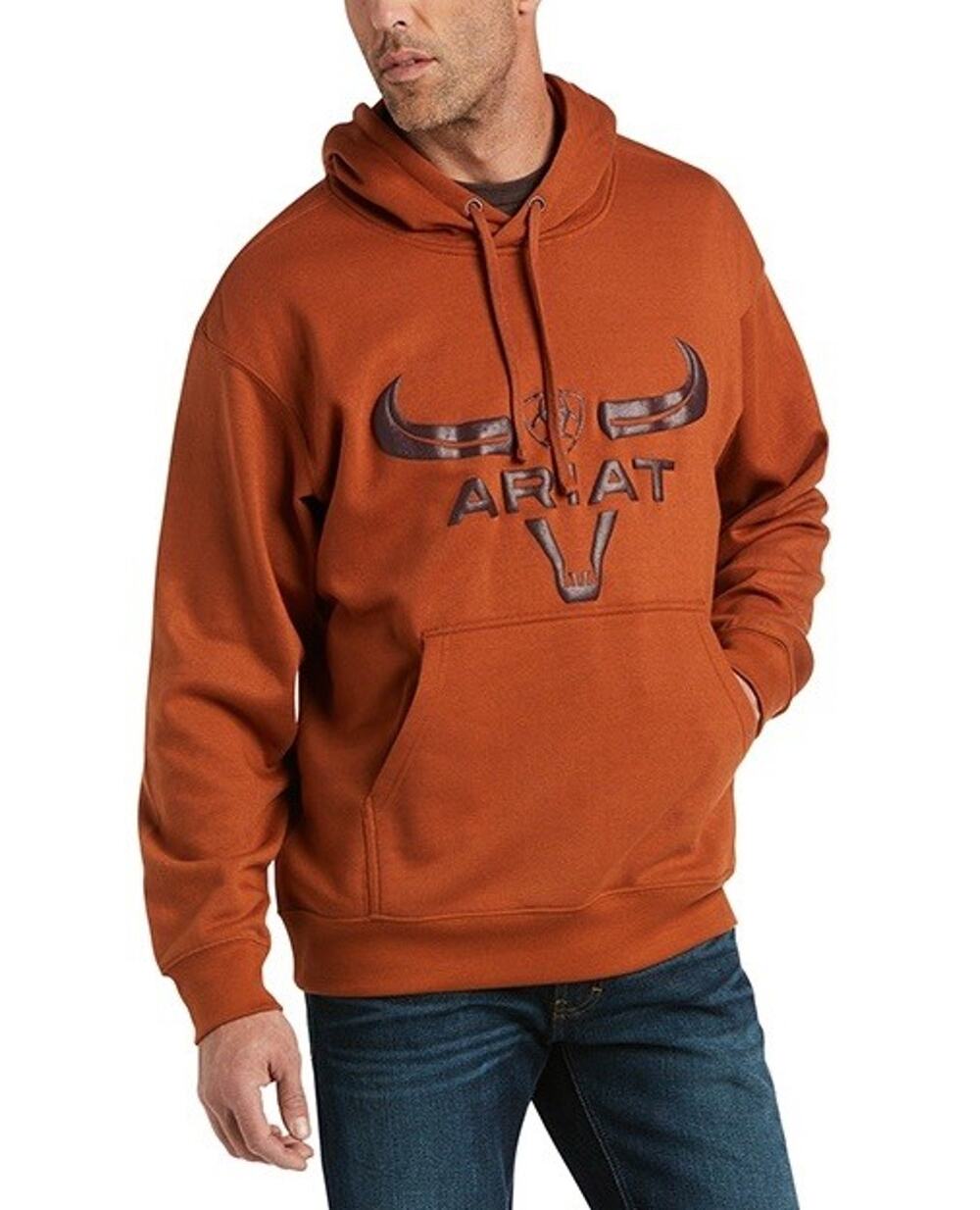 Ariat Men’s Large L Hoodie Pullover Sweatshirt Mocha Bisque Steer Head Orange